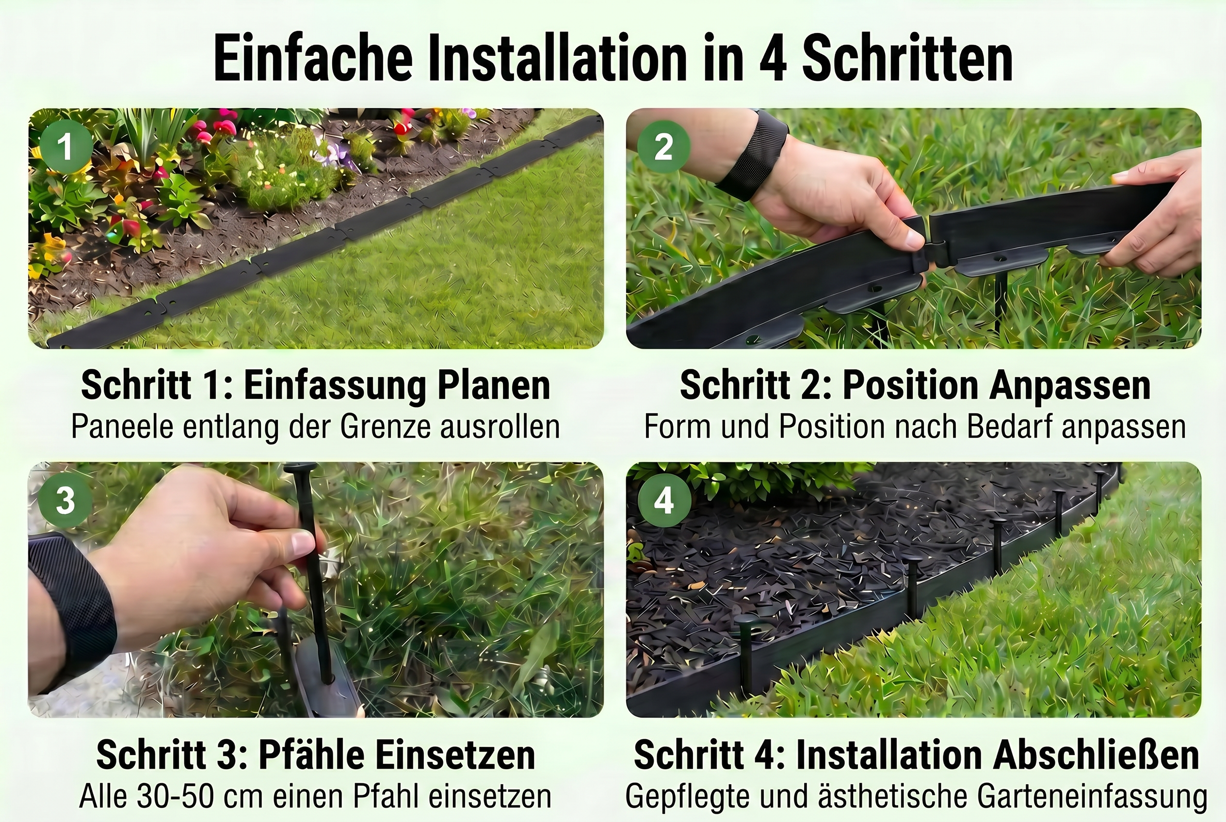 Vier Schritte: Abstecken, Befestigen, Rolle einlegen und Abschluss der Kante