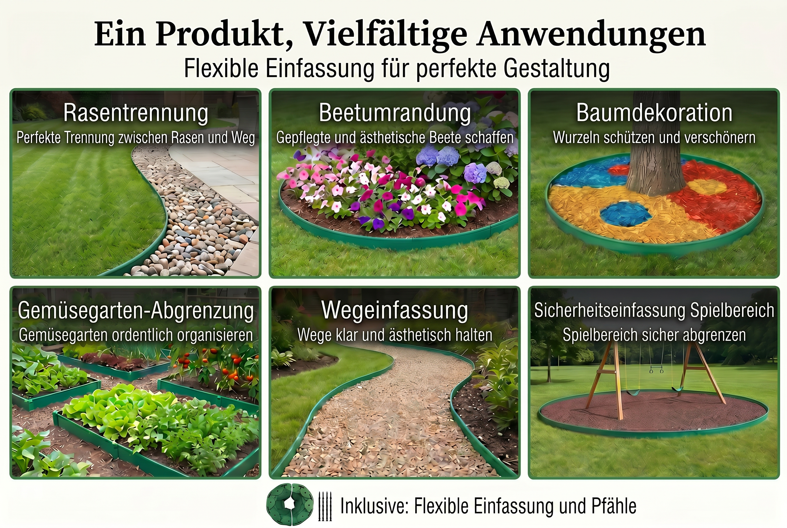 Mehrere Szenen: Rasen, Beete, Baumringe, Wege und Vertriebskanaele