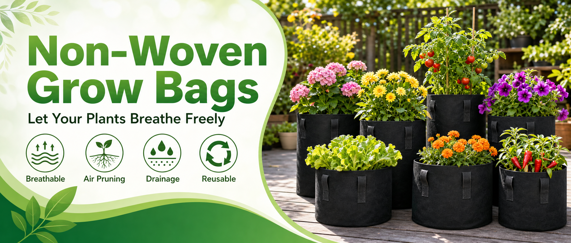 Hauptvisual: Vlies-Pflanzsacke Grosshandel fuer Baumschule, Umpflanz-Staging und Gartenbau-B2B