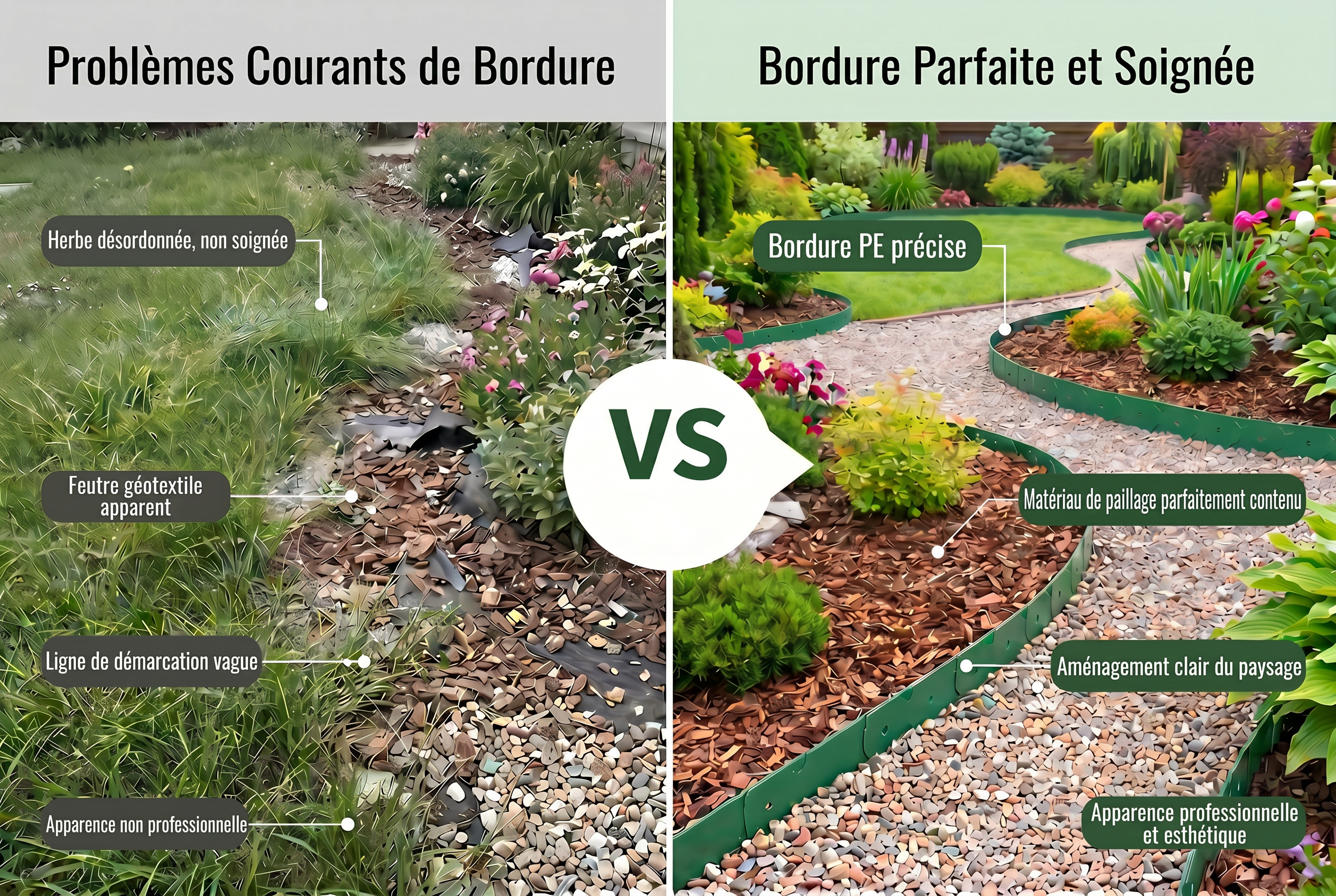 Comparaison sans lisière nette et après pose de bordure PE en rouleau