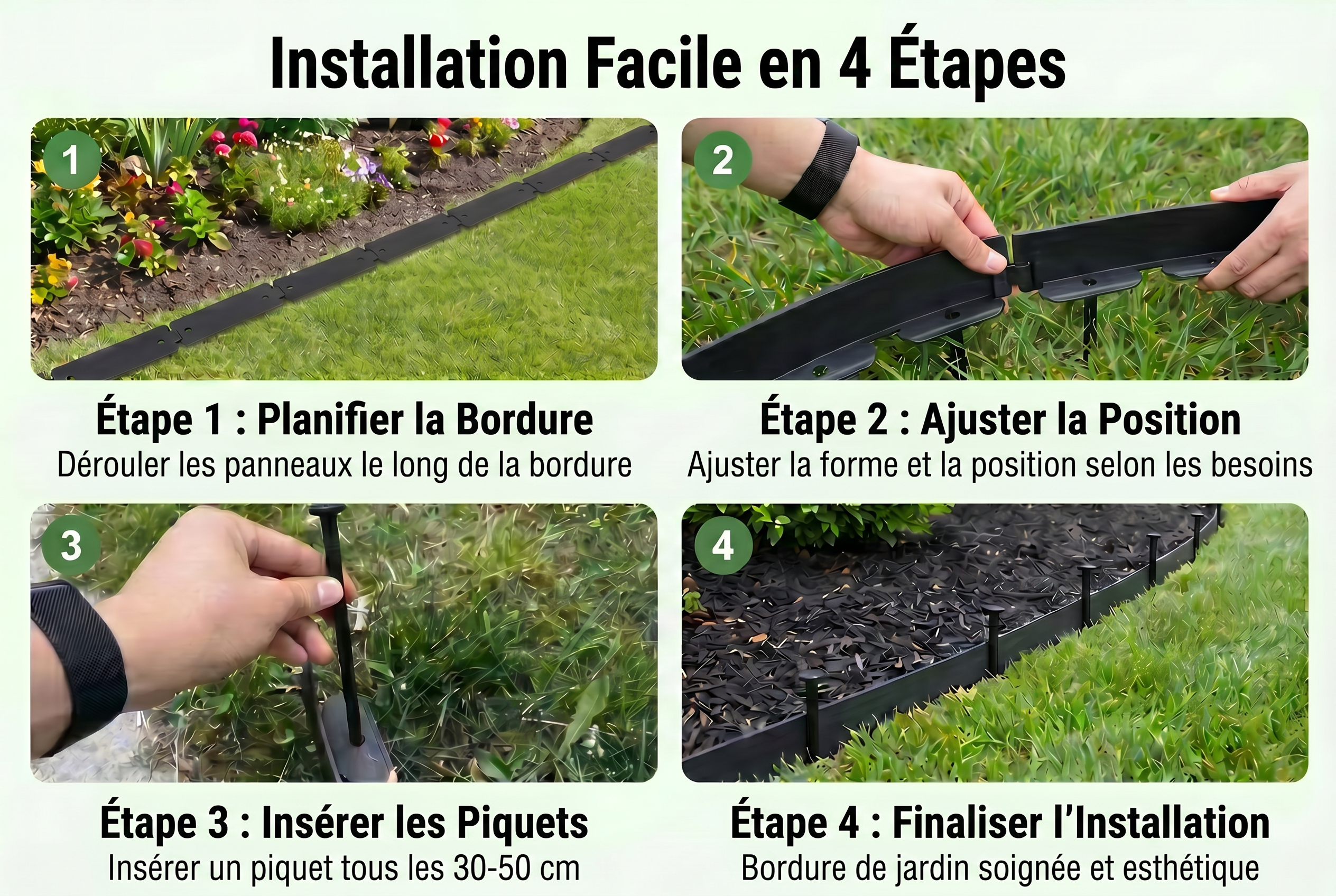 Quatre étapes : traçage, piquetage, pose de la bobine et finition de lisière