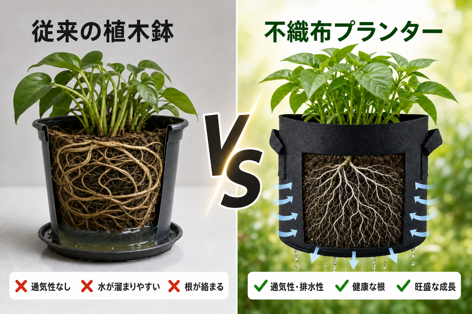 従来容器の課題と不織布プランターソリューションの対比