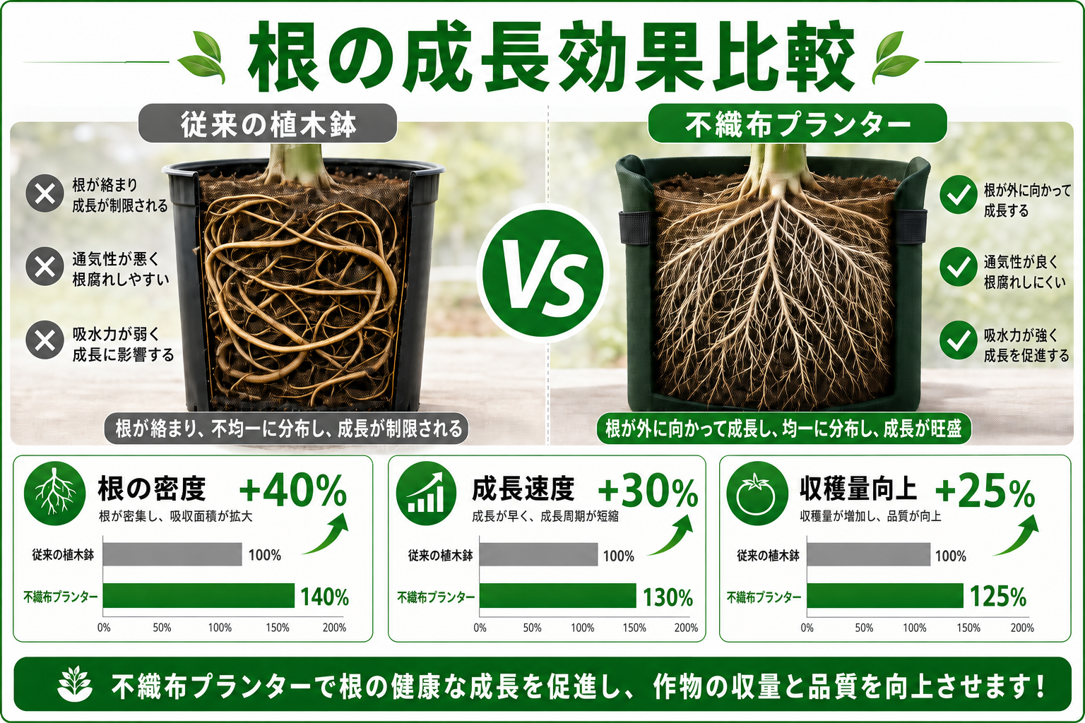 布製プランターと剛性プラ鉢の通気・出荷・訴求などのデータ化比較