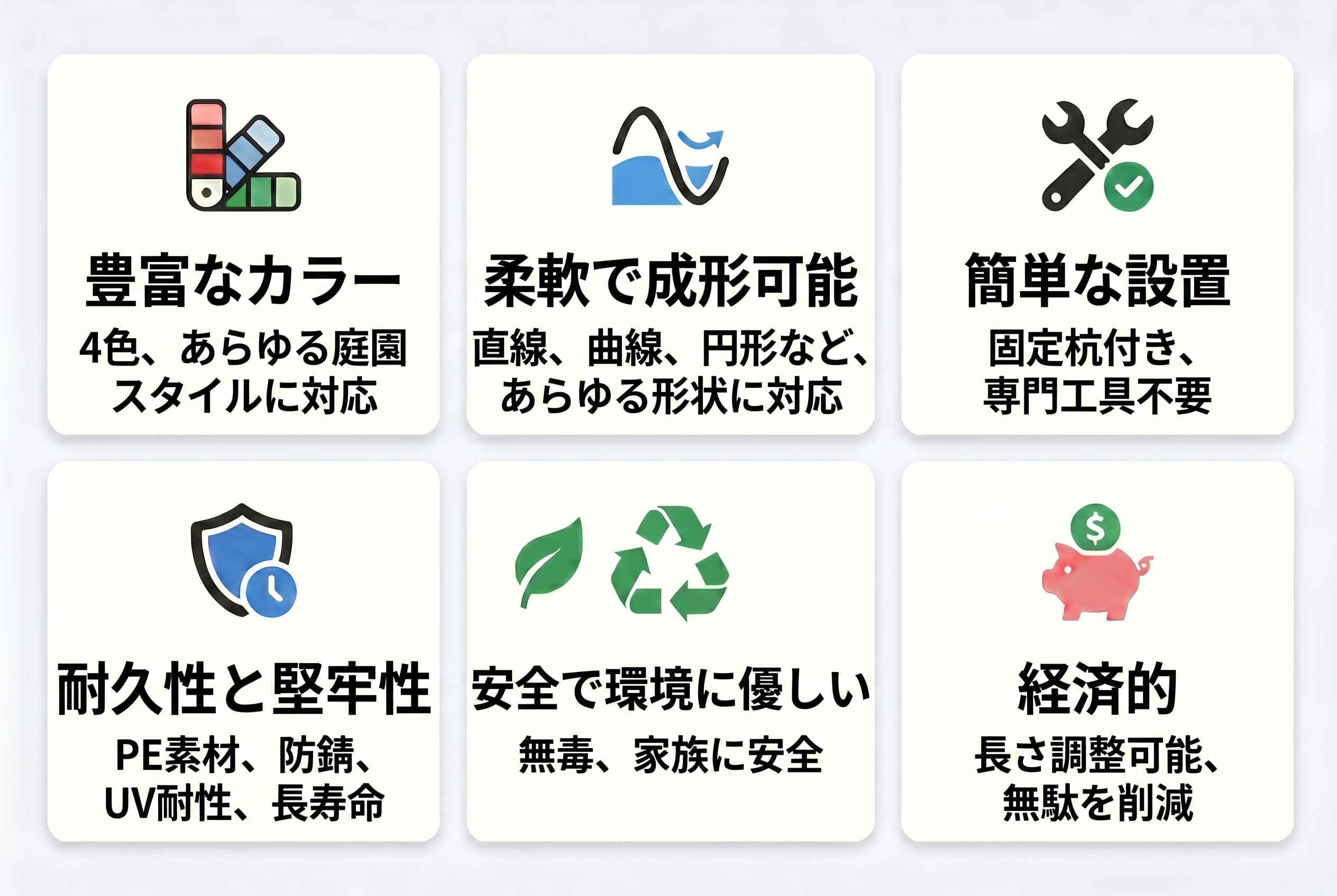 強みマトリクス：多色、杭下げ、フレキシビリティ、OEM輸出の連携