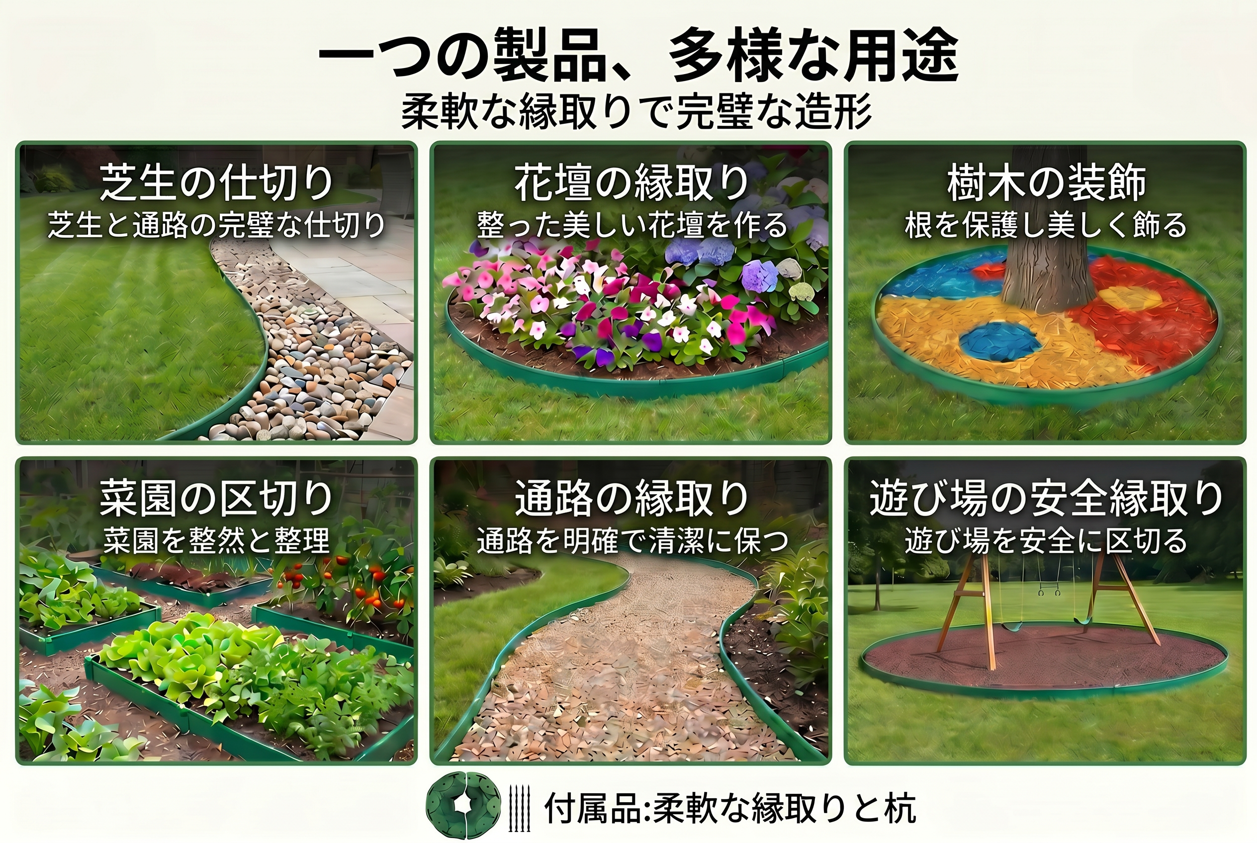 芝、花壇、樹木リング、園路、流通チャネルなど複数シーン
