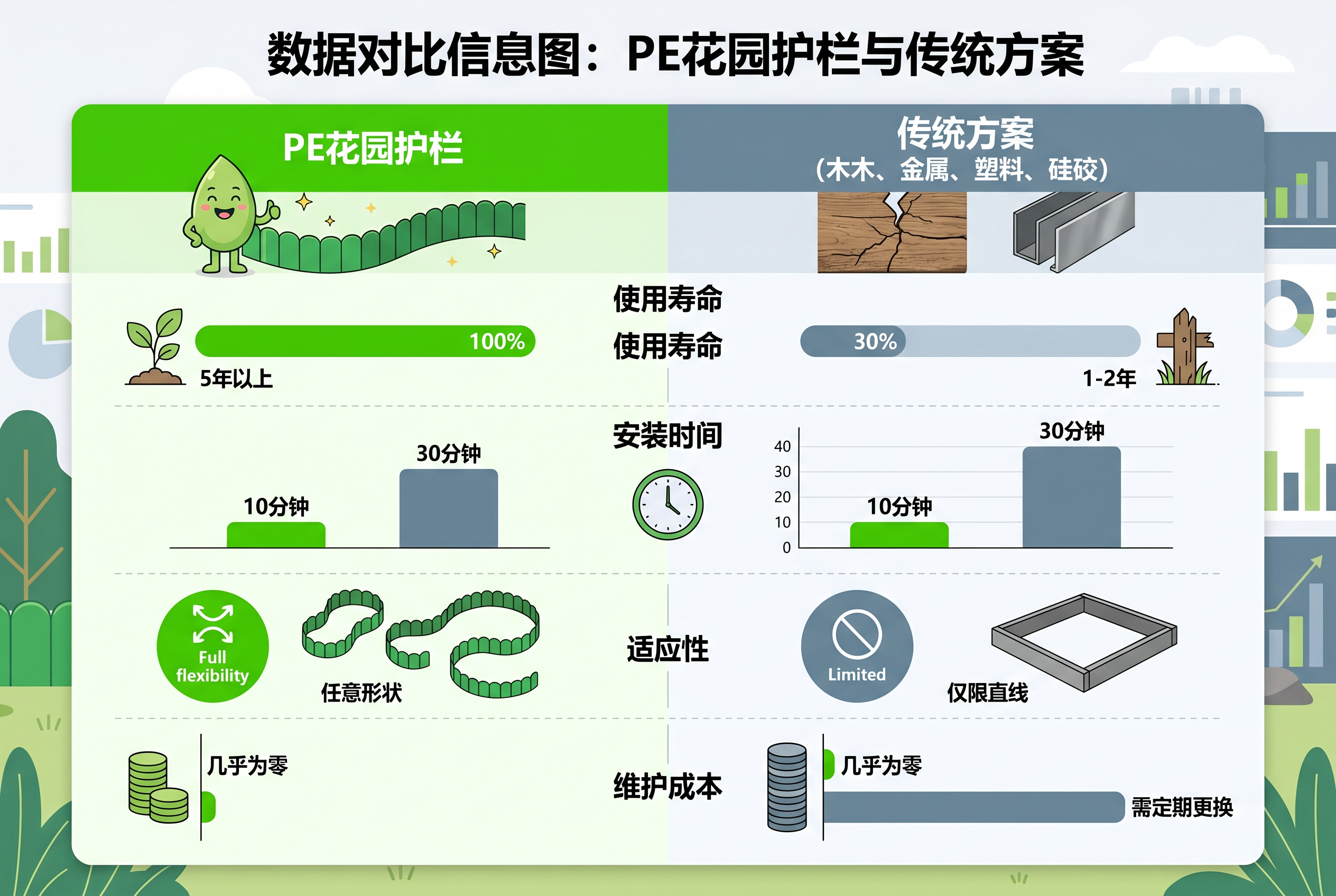 与传统金属、混凝土边线在寿命、安装时间、适应性维度的数据化对比信息图