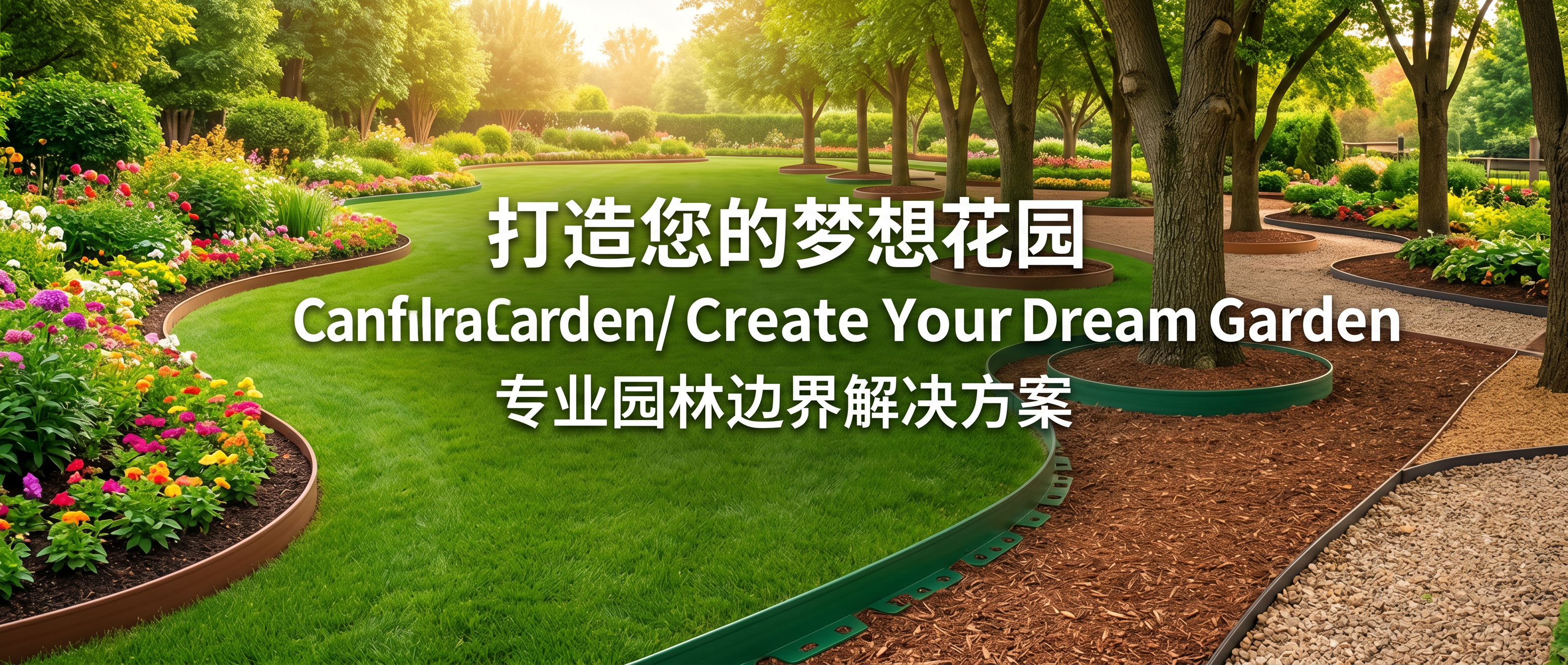 宽幅主视觉：户外 UV 稳定型挤出 PE 园林边界卷材，用于草坪与花床柔性地界及市政绿化渠道品牌陈列
