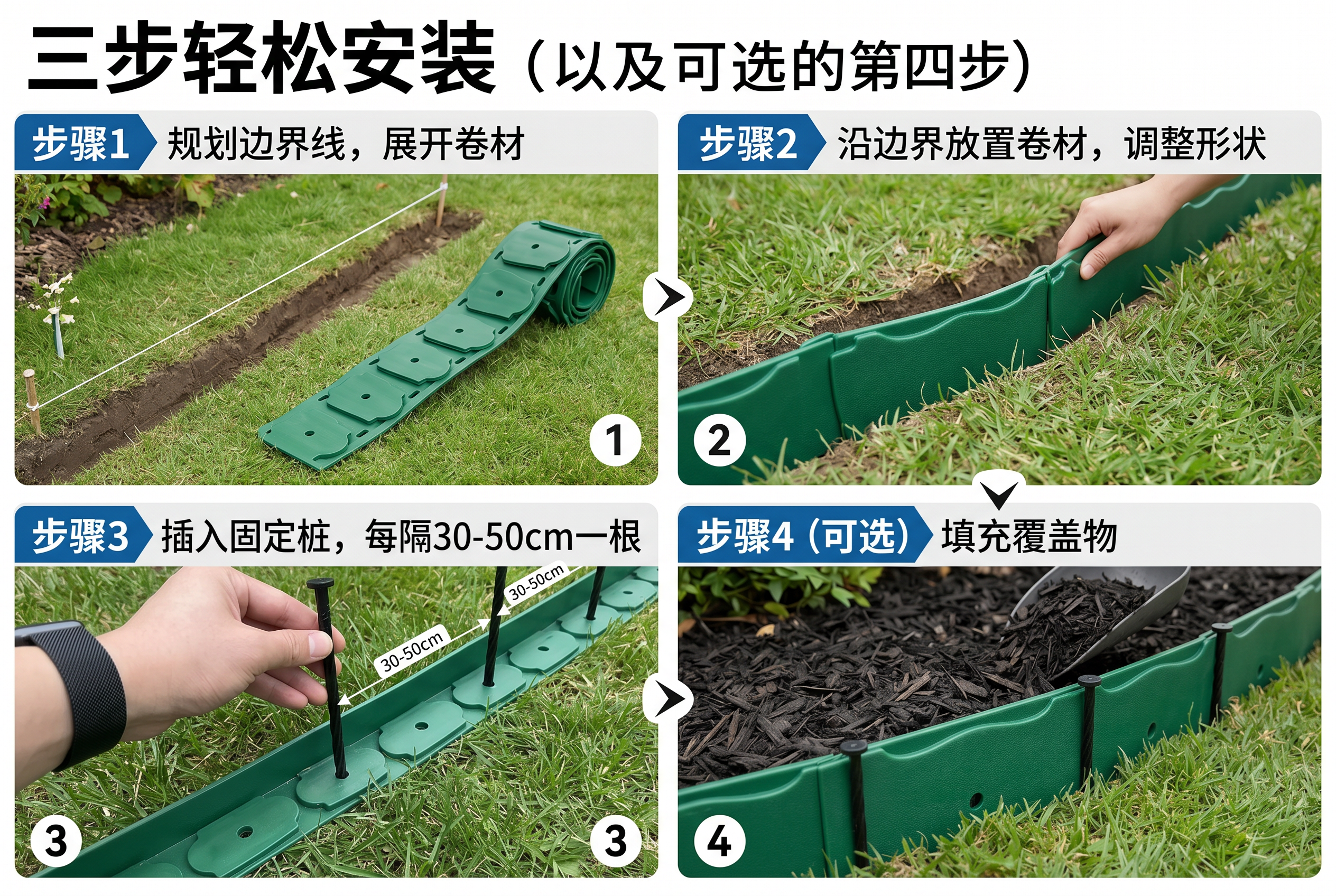 四步安装示意：放线、打桩、卡入卷材与回填收边，适用于 B2B 班组培训