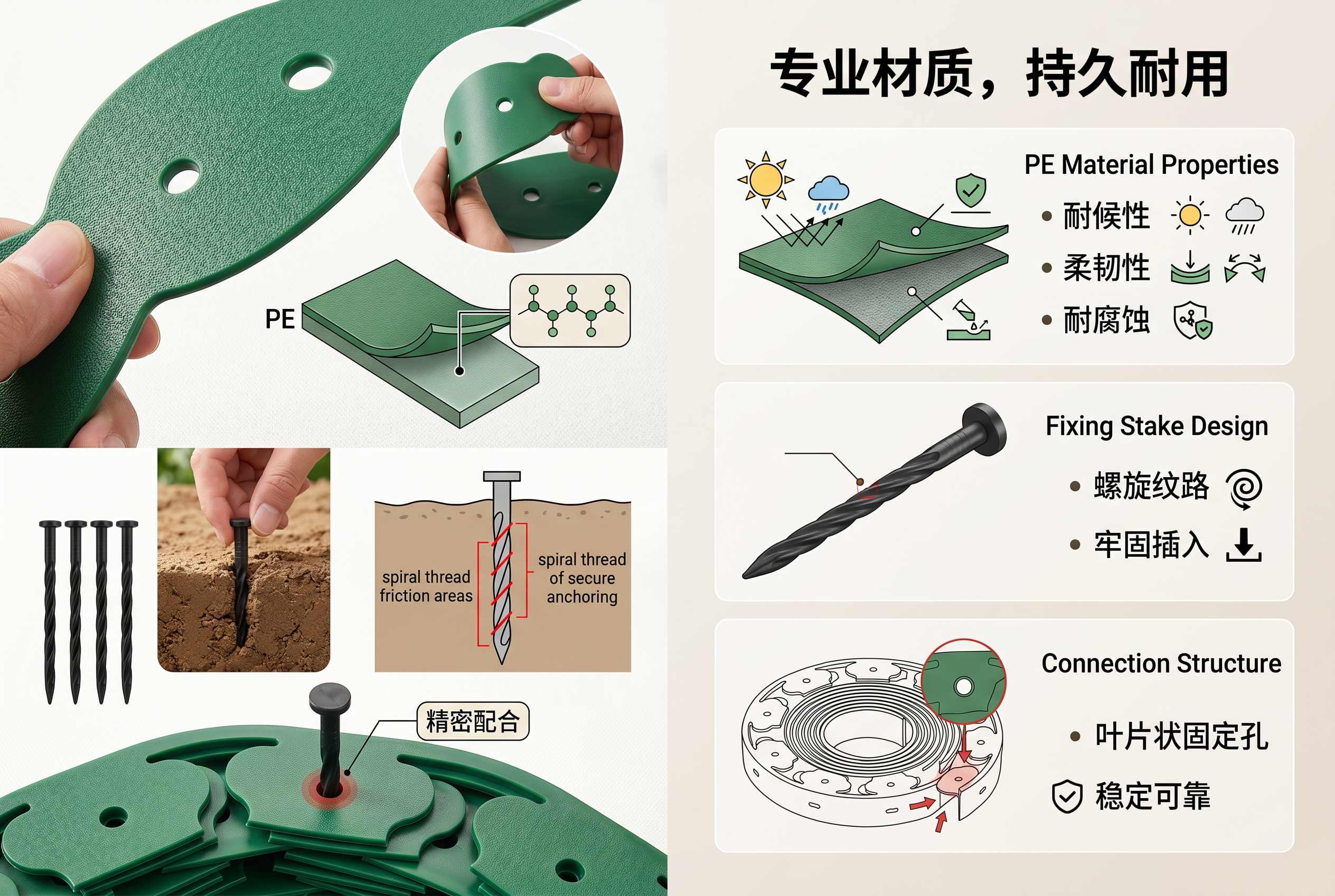 PE 材质挤出与固定桩位、连接结构示意，供工程审厂与技术核对