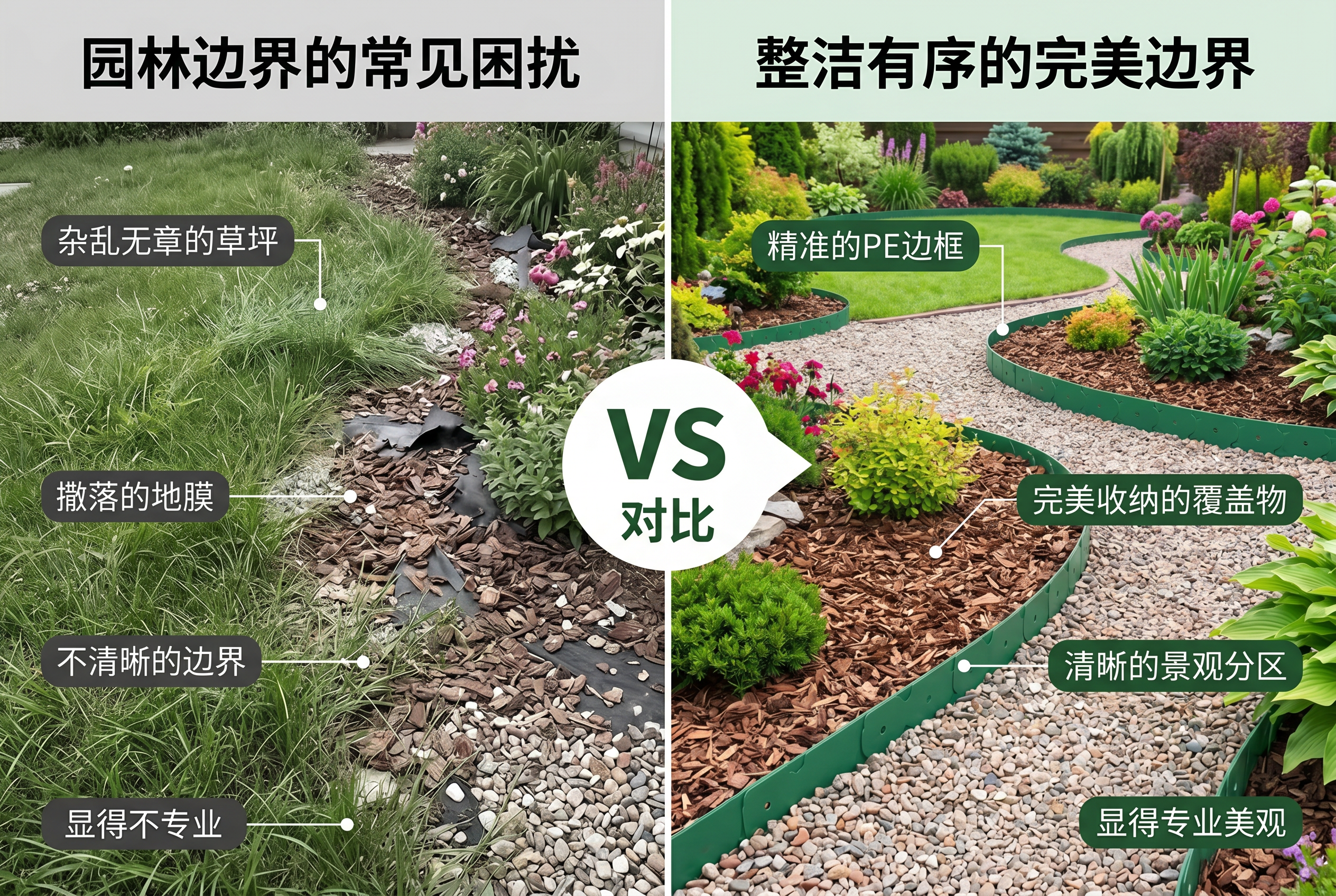 使用前后对比：无清晰边线 vs 安装 PE 柔性地界后的草坪与花坛分隔效果