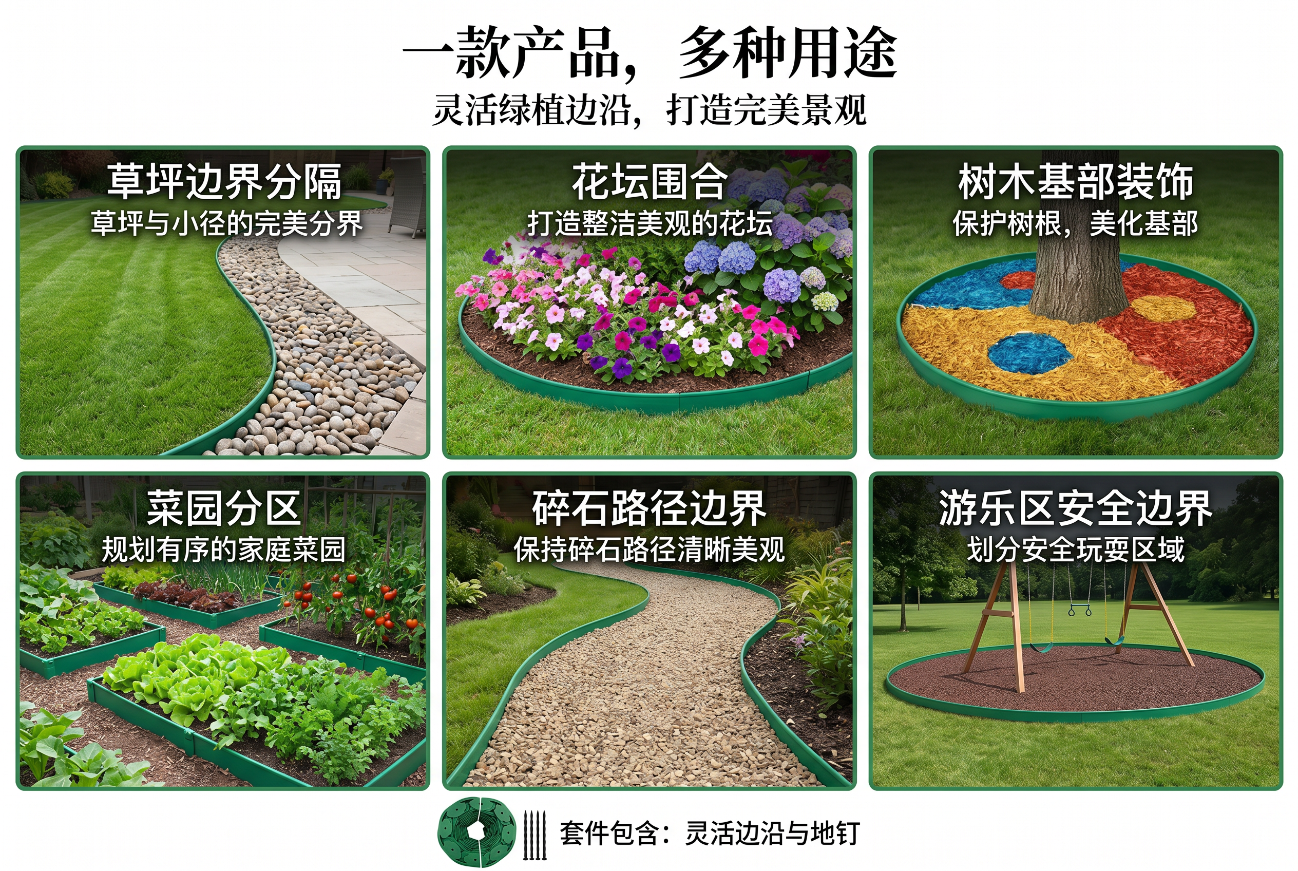 多场景应用拼图：草坪、花坛、树池、园路与分销渠道典型铺装示意