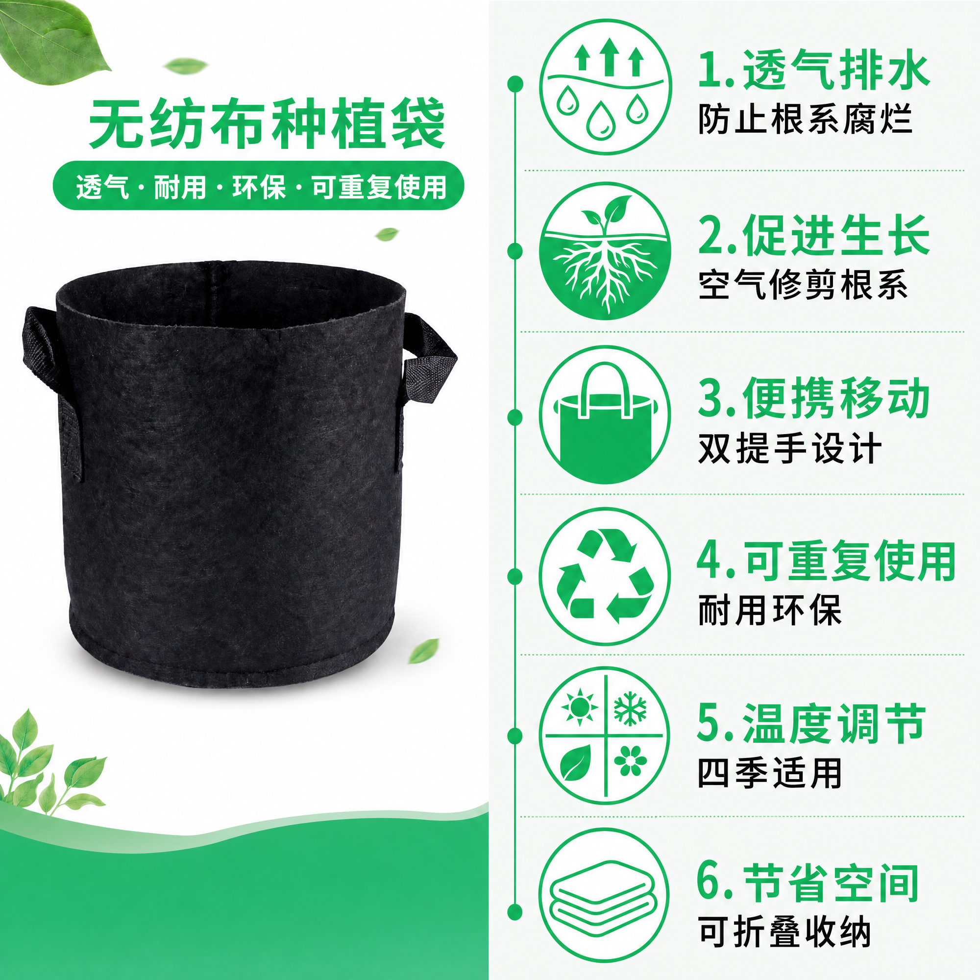 无纺布种植袋核心卖点标注：透气根区、规格把手与 B2B 采购要点